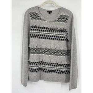 Talbots Women's Small Ruffle Fair Isle Sweater Pullover Gray Crewneck Lambswool